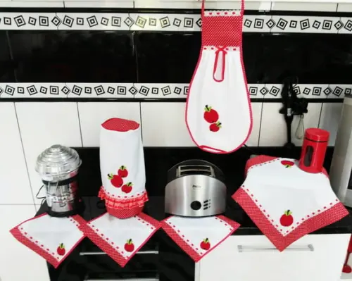 Jogo de Cozinha Tecido Maças Vermelho 6 Peças Escolha Cor