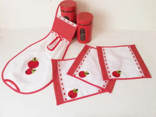 Jogo de Cozinha Tecido Maças Vermelho 6 Peças Escolha Cor