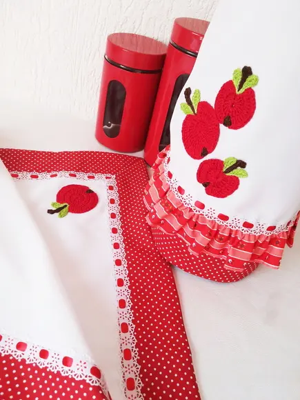 Jogo de Cozinha Tecido Maças Vermelho 6 Peças Escolha Cor