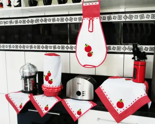 Jogo de Cozinha Tecido Maças Vermelho 6 Peças Escolha Cor