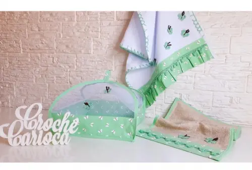 Jogo de Cozinha Vintage Verde Água Borboletas : 3 Peças