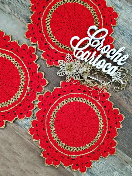 Jogo de Sousplat Natal Vermelho e Fio Dourado 4 Peças