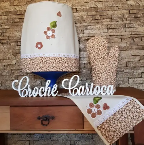 Kit Cozinha 3 Peças Algodão Cru Natural e Floral
