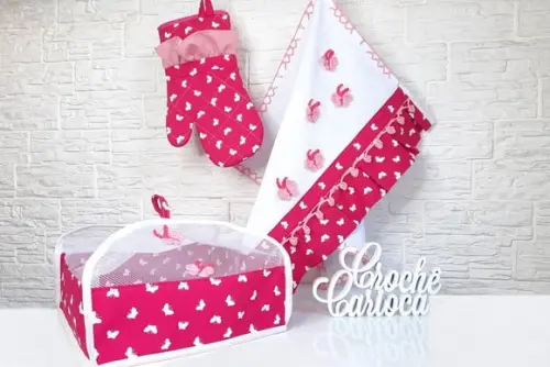 Kit de Cozinha Rosa Pink Borboletas 3 Peças Amor de Mãe