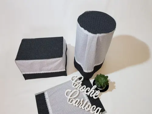 Kit de cozinha: 3 peças / cinza xadrez e preto poás