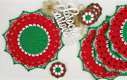 Kit Mesa Posta Sousplat e Porta-copo Natal Crochê