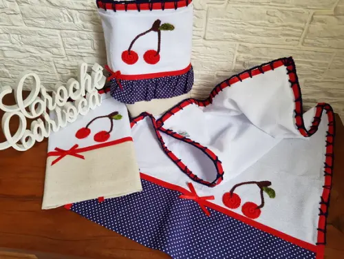 Kit Panos de Prato Coordenado Azul Marinho e Cerejinhas