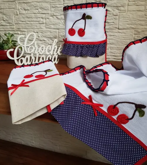 Kit Panos de Prato Coordenado Azul Marinho e Cerejinhas