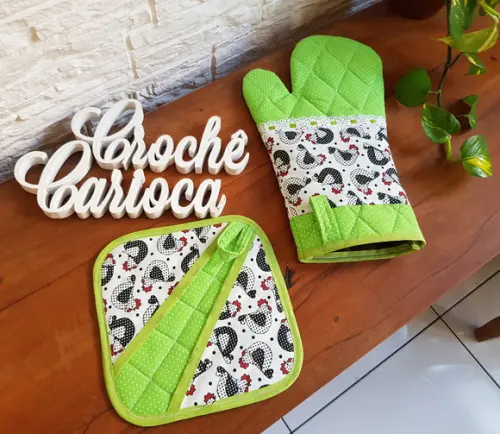 Luva E Pegador Térmicos - Verde Poás E Galinhas