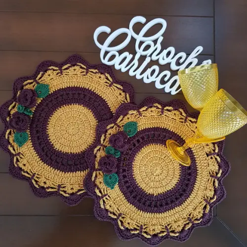 Sousplat de Crochê Profissional Amarelo Ouro e Marrom