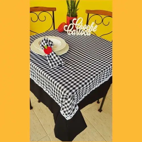 Toalha de Mesa Farmhouse Xadrez Preto Canto Mitrado