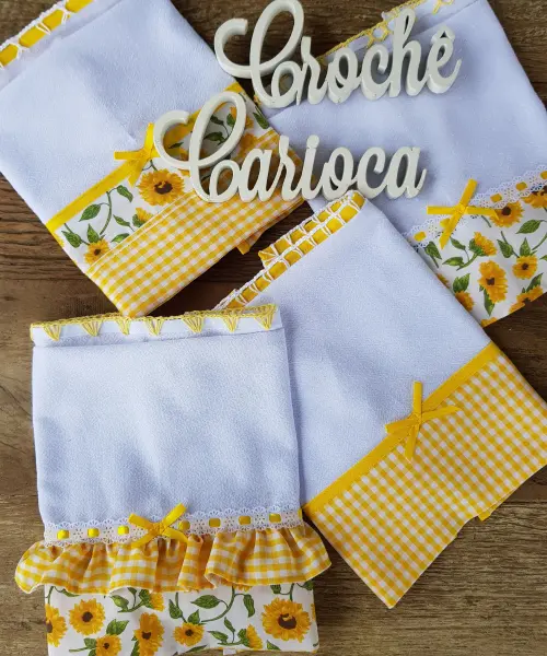 Panos de Prato Tema Girassóis com Xadrez Amarelo Composê 4 peç