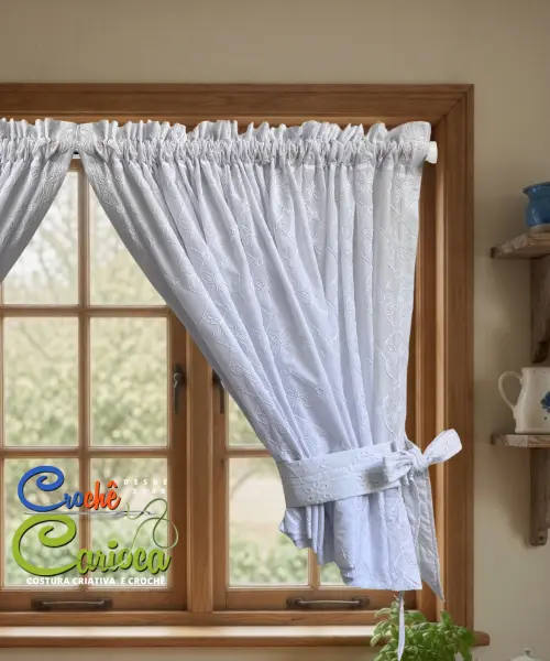cortina elegante branca laise 100% algodão bordado 2D
