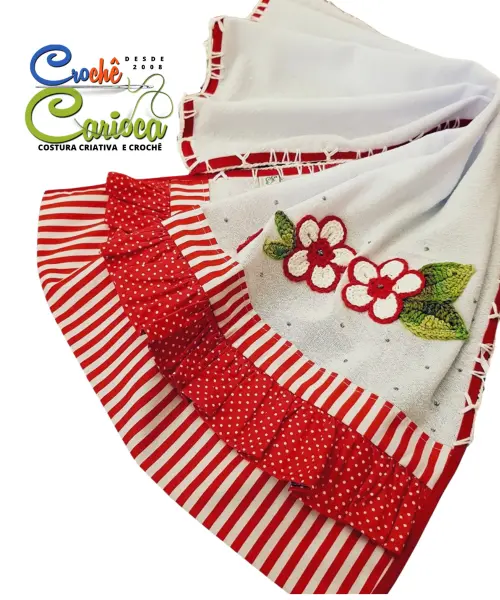 Pano de Prato Vermelho Floral e listras Alto Padrão e durabilida