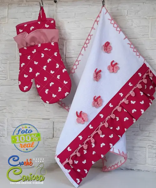 Kit de Cozinha Rosa Pink Borboletas 3 Peças Amor de Mãe