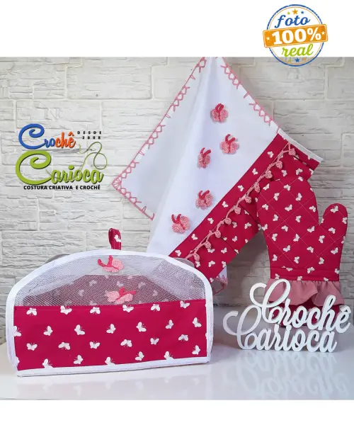 Kit de Cozinha Rosa Pink Borboletas 3 Peças Amor de Mãe