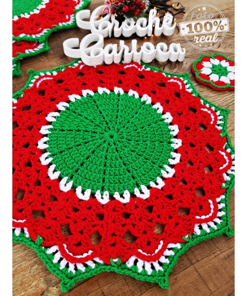 Kit Mesa Posta Sousplat e Porta-copo Natal Crochê