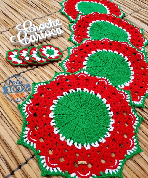 Kit Mesa Posta Sousplat e Porta-copo Natal Crochê