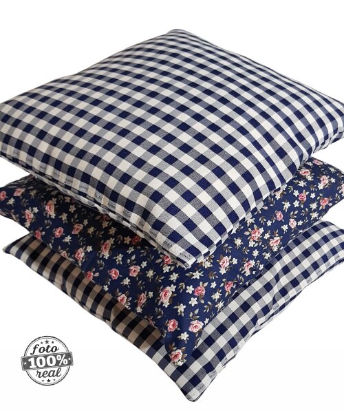 Capas de Almofadas 100% algodão xadrez e floral composê azul ma
