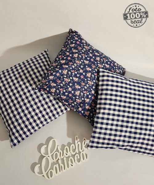 Capas de Almofadas 100% algodão xadrez e floral composê azul ma