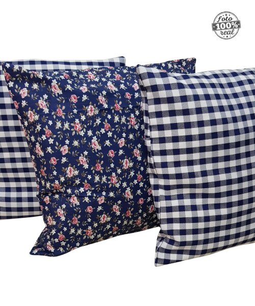 Capas de Almofadas 100% algodão xadrez e floral composê azul ma