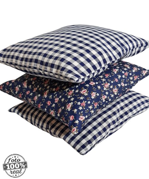 Capas de Almofadas 100% algodão xadrez e floral composê azul marinho 03 Unidades