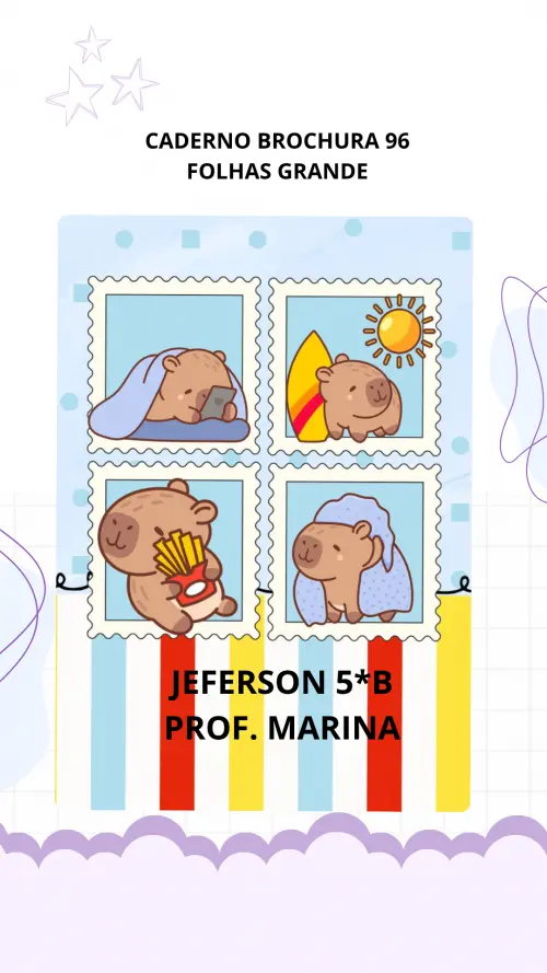 📚✨ Caderno Brochura Personalizado Grande 96 Folhas tema capivara menino