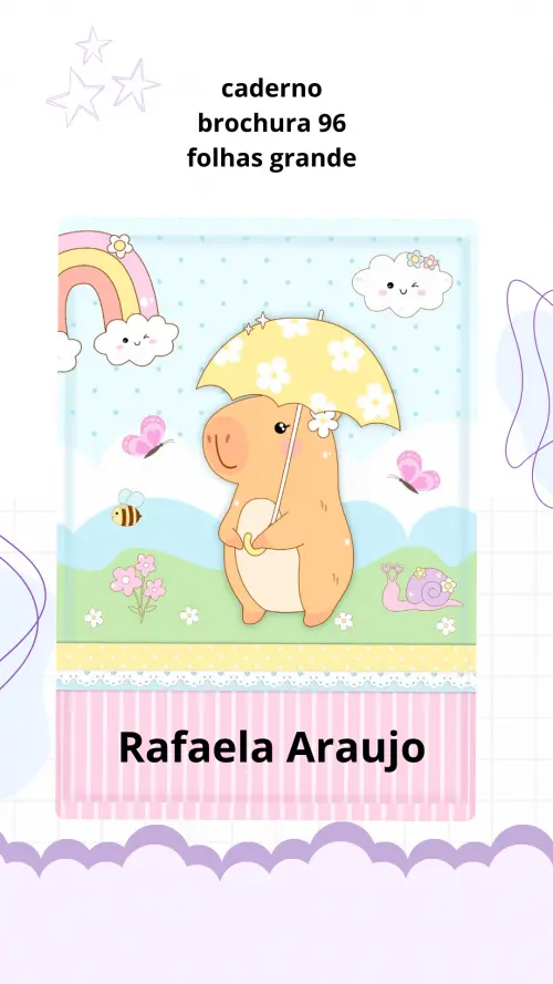 📚✨ Caderno Brochura Personalizado Grande 96 Folhas tema capivara menina