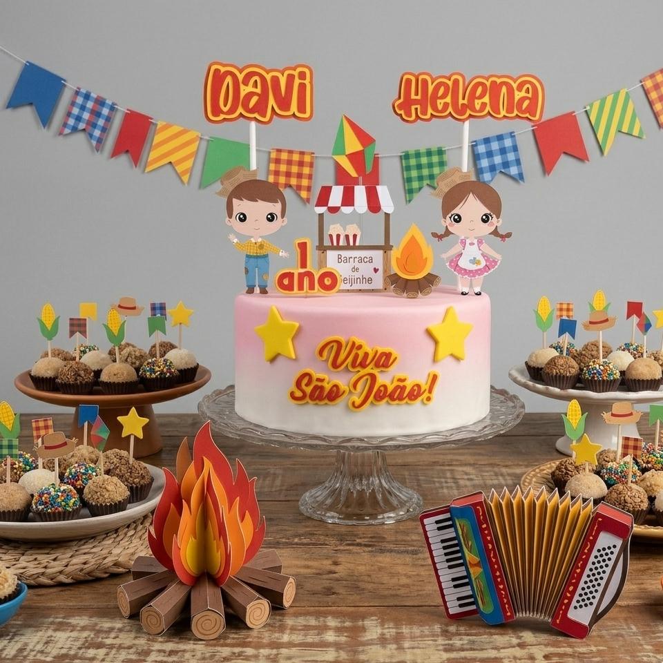 Topo de Bolo Festa Junina Personalizado Nome e Idade Luxo 3D