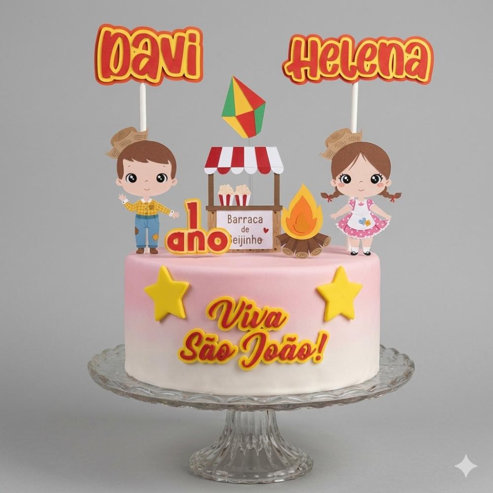 Topo de Bolo Festa Junina Personalizado Nome e Idade Luxo 3D