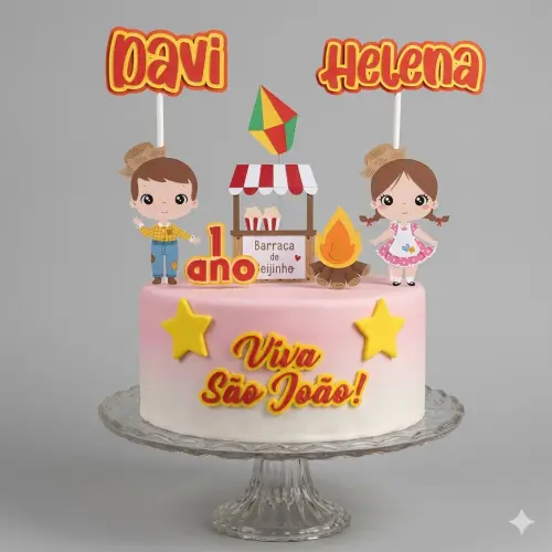 Topo de Bolo Festa Junina Personalizado Nome e Idade Luxo 3D