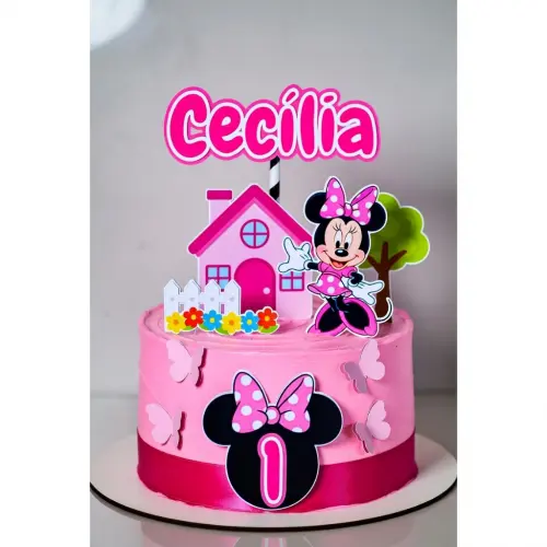 Topo de Bolo Personalizado Minnie Rosa - Papel Fotográfico Matte Camadas - Nome e Idade