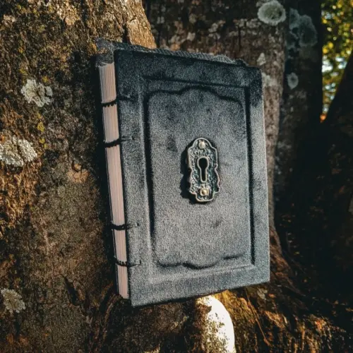 Grimorio A6, folhas envelhecidas, capa revestida de veludo.(preto)