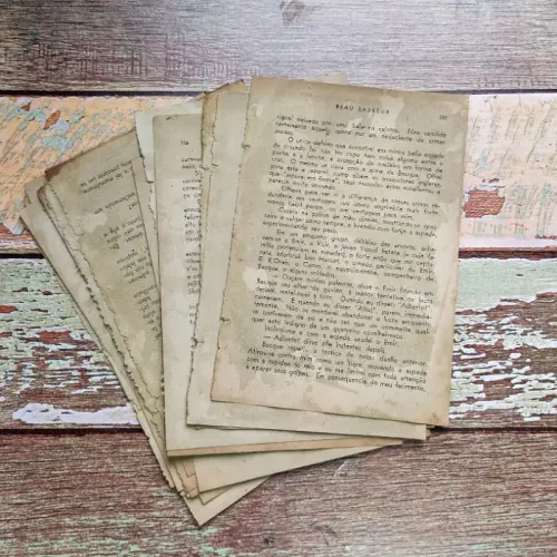 Kit 15 Folhas Envelhecidas de livro antigo, para Scrapbook, Agendas e Journal