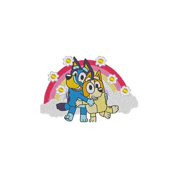 Matriz de Bordado Bluey e Bingo Arco Iris com Flores