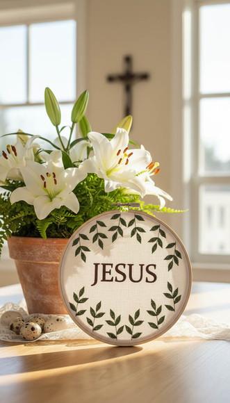 Matriz de Bordado para Bastidor Jesus Floral