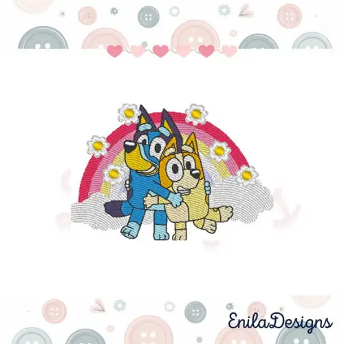 Matriz de Bordado Bluey e Bingo Arco Iris com Flores