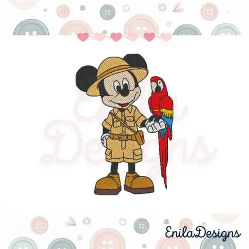 Matriz de Bordado Mickey Safari com Arara - 3 Tamanhos