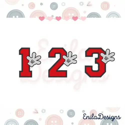 Matrizes de Bordado Numeros 1 2 e 3 Mãozinha Mickey