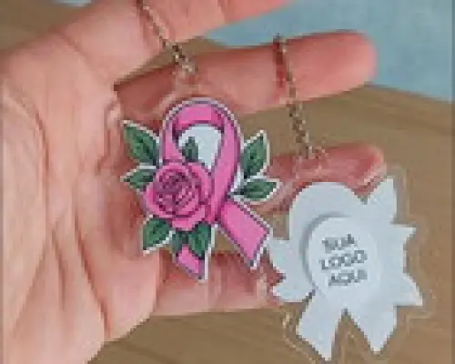Cartão com Chaveiro Laço de Rosa em Acrílico - Outubro Rosa