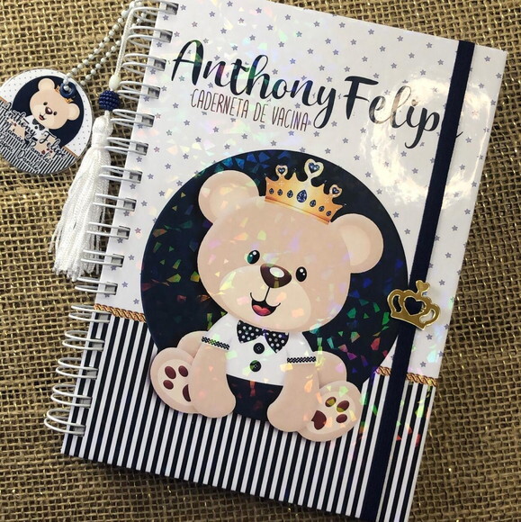 Caderneta de Saúde Personalizada Urso Príncipe Azul Marinho