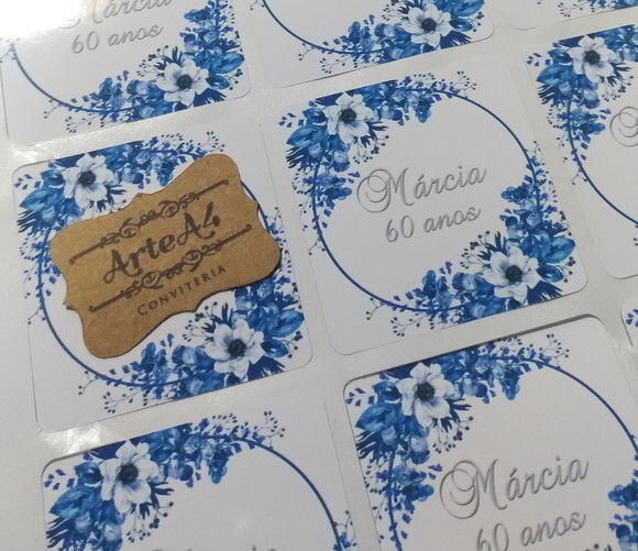 Adesivo p/ Caixinha Lembrancinha Aniversário Floral Azul