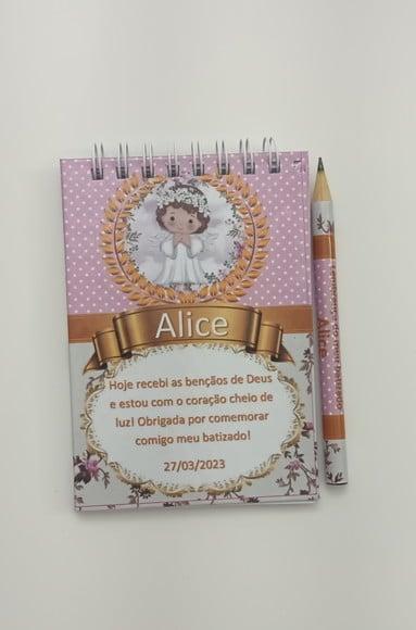 Bloquinho e Mini Lápis Lembrança Batizado Alice