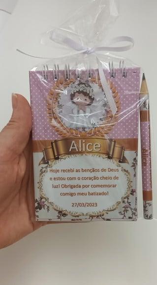 Bloquinho e Mini Lápis Lembrança Batizado Alice
