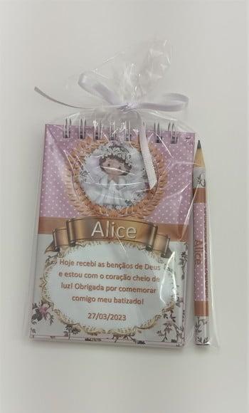 Bloquinho e Mini Lápis Lembrança Batizado Alice