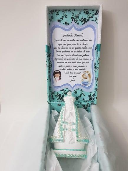Caixa batizado padrinhos com Nossa Senhora