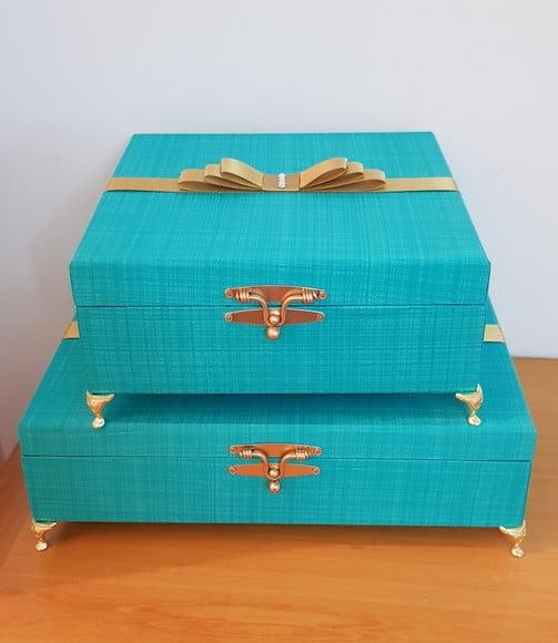 Kit 2 Caixas Toalete Azul com Dourado