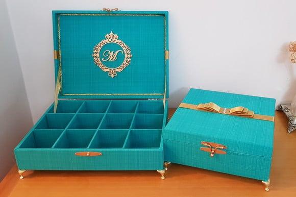 Kit 2 Caixas Toalete Azul com Dourado