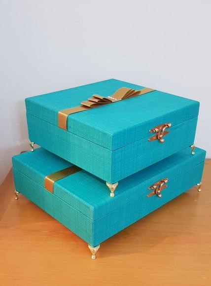 Kit 2 Caixas Toalete Azul com Dourado