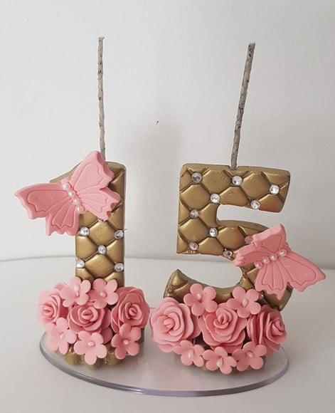 Vela 15 anos dourada e rosê